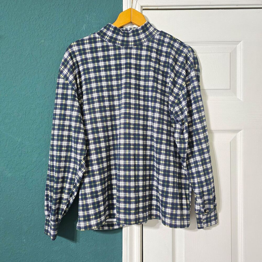 Karen Scott Tartan Plaid Mock Neck Top XL Long Sleeve Navy Green Twee Academia